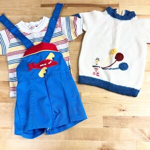 Vintage Healthtex Kids Airplane Overalls Striped Shirt Embroidered Sweater 12M